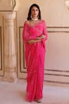 Geroo Jaipur_Pink Chiffon Hand Embroidered Flower Pattern Saree With Unstitched Blouse Piece _Online_at_Aza_Fashions