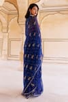 Geroo Jaipur_Blue Chiffon Hand Embroidered Floret Pattern Saree With Unstitched Blouse Piece _Online_at_Aza_Fashions