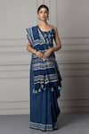 Buy_Geroo Jaipur_Blue Pure Chanderi Hand Block Printed Stripe Saree With Unstitched Blouse Piece_at_Aza_Fashions