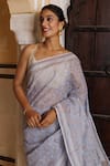 Geroo Jaipur_Grey Kota Cotton Hand Block Printed Floral Saree With Unstitched Blouse Piece_at_Aza_Fashions