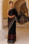 Buy_Geroo Jaipur_Black Pure Kota Silk Hand Block Border Saree With Unstitched Blouse Piece _Online_at_Aza_Fashions