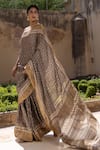 Geroo Jaipur_Grey Pure Tussar Silk Hand Block Printed Saree With Unstitched Blouse Piece_Online_at_Aza_Fashions