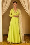 Buy_Nikasha_Green Cotton Silk Embroidered Floral V Neck Border Angrakaha Anarkali Set _at_Aza_Fashions