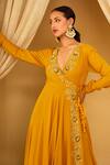 Nikasha_Yellow Cotton Silk Embroidered Floral V Neck Sequin Angrakaha Anarkali Set _Online_at_Aza_Fashions