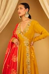 Shop_Nikasha_Yellow Cotton Silk Embroidered Floral V Neck Sequin Angrakaha Anarkali Set _Online_at_Aza_Fashions