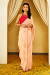 Buy_Nikasha_Peach Pure Silk Chiffon Printed And Embroidered Foil Botanical Saree With Blouse _at_Aza_Fashions