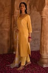 Buy_KARAJ JAIPUR_Yellow Kurta And Pant- Cotton Set With Flower Block Print Dupatta _Online_at_Aza_Fashions