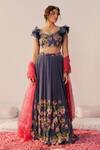 Buy_172 THREADS_Blue Crepe Printed Floral Round Blouse Lehenga Set 