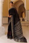 Buy_Geroo Jaipur_Black Pure Kota Silk Hand Block Border Saree With Unstitched Blouse Piece _at_Aza_Fashions