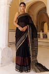 Geroo Jaipur_Black Pure Kota Silk Hand Block Border Saree With Unstitched Blouse Piece _at_Aza_Fashions