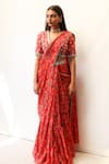 Buy_Seeaash_Red Flat Chiffon Printed Feather Pre-draped Concept Saree With Blouse _at_Aza_Fashions