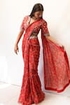 Shop_Seeaash_Red Flat Chiffon Printed Feather Pre-draped Concept Saree With Blouse _at_Aza_Fashions