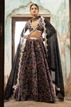 Buy_Seeaash_Black Chanderi Printed Feather Plunge V Neck Lehenga Set _at_Aza_Fashions