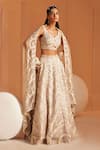 Buy_Divya Aggarwal_Ivory Organza Pearls, Sequins V-neck Seashell Embellished Lehenga Set _at_Aza_Fashions