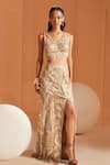 Buy_Divya Aggarwal_Beige Organza Pearls, Sequins V-neck Cari Scalloped Slit Skirt With Blouse _at_Aza_Fashions