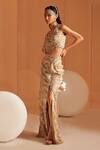 Divya Aggarwal_Beige Organza Pearls, Sequins V-neck Cari Scalloped Slit Skirt With Blouse _Online_at_Aza_Fashions