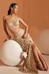 Buy_Divya Aggarwal_Beige Organza Pearls, Sequins V-neck Cari Scalloped Slit Skirt With Blouse _Online_at_Aza_Fashions