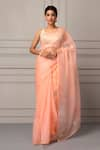 Buy_Geroo Jaipur_Peach Organza Hand Embroidered Floral Butta Saree With Unstitched Blouse Piece _at_Aza_Fashions