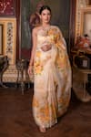 Buy_Geroo Jaipur_Beige Organza Hand Painted Floral Floret Saree With Unstitched Blouse Piece _at_Aza_Fashions