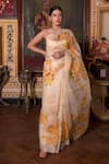 Buy_Geroo Jaipur_Beige Organza Hand Painted Floral Floret Saree With Unstitched Blouse Piece _Online_at_Aza_Fashions