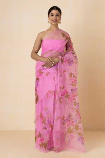 Pink Embellished Organza Saree With Unstitched Blouse Piece