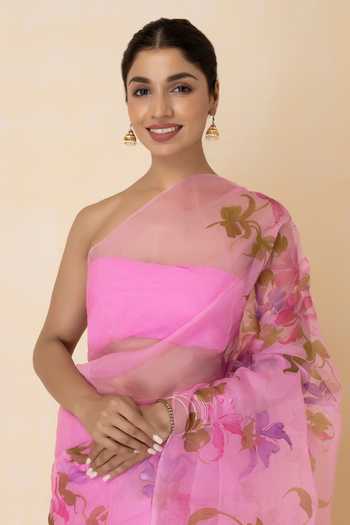 Pink Solid Organza Saree With Unstitched Blouse Piece