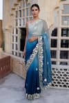 Geroo Jaipur_Blue Organza Hand Embroidered Gota Ombre Saree With Unstitched Blouse Piece _Online_at_Aza_Fashions