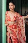 Buy_Varun Bahl_Peach Viscose, Georgette Sequins, Beads Floret Print Cape With Sharara Set _at_Aza_Fashions