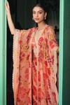 Shop_Varun Bahl_Peach Viscose, Georgette Sequins, Beads Floret Print Cape With Sharara Set _at_Aza_Fashions