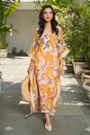 Shop_Varun Bahl_Yellow Georgette Printed Floral Pattern V Neck Long Kaftan_at_Aza_Fashions