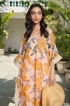 Varun Bahl_Yellow Georgette Printed Floral Pattern V Neck Long Kaftan_Online_at_Aza_Fashions