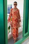 Buy_Varun Bahl_Peach Kurta And Trouser Crepe Lurex Printed Floral Pattern Short Set  _at_Aza_Fashions