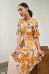 Varun Bahl_Yellow Tunic Chanderi Print Floral V Neck Bloom With Palazzo_Online_at_Aza_Fashions