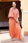 Buy_Monk & Mei_Orange Modal Satin Hand Block Print Floral Patterns V Neck Draped Dhoti Kaftan _at_Aza_Fashions