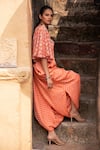 Buy_Monk & Mei_Orange Modal Satin Hand Block Print Floral Patterns V Neck Draped Dhoti Kaftan _Online_at_Aza_Fashions