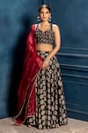 Buy_Monk & Mei_Black Cambric Cotton Floral Sweetheart Neck Padmini Pattern Lehenga Choli Set _at_Aza_Fashions