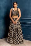 Buy_Monk & Mei_Black Cambric Cotton Floral Sweetheart Neck Padmini Pattern Lehenga Choli Set _Online_at_Aza_Fashions