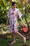 Buy_Monk & Mei_Pink Linen Bandage Printed Floral Collar Sonnet Dress _Online_at_Aza_Fashions