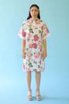 Buy_Monk & Mei_White Linen Bandage Printed Floral Collar Sonnet Dress _at_Aza_Fashions