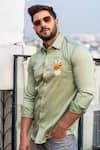 Shop_Avalipt_Green Cotton Blend Hand Painted Linear Lion Shirt_Online_at_Aza_Fashions