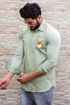 Shop_Avalipt_Green Cotton Blend Hand Painted Linear Lion Shirt_at_Aza_Fashions