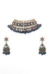 Shop_Riana Jewellery_Blue Pearls, Diamonds, Stones Mina Work Embellished Choker Set _at_Aza_Fashions