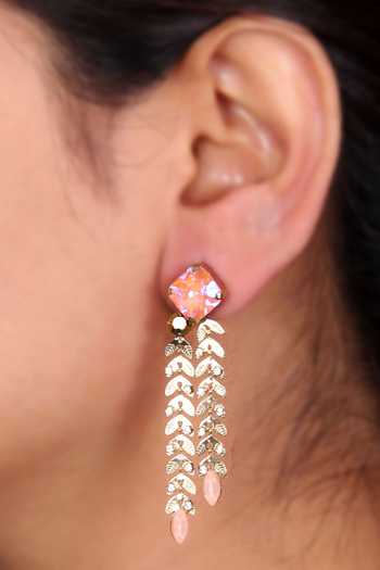 Buy_Ishhaara_Pink Stones Carved Leaves Dangler Earrings _at_Aza_Fashions