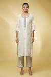 PUNIT BALANA_Ivory Chanderi Silk Embroidered And Printed Mirror U Neck Kurta Set _Online_at_Aza_Fashions