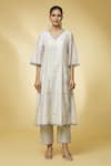 Buy_PUNIT BALANA_Ivory Chanderi Silk Embroidered And Printed Mirror V Neck Kurta Set _Online_at_Aza_Fashions