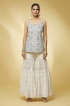 Buy_PUNIT BALANA_Ivory Chanderi Silk Embroidered And Printed Mirror Round Neck Kurta Gharara Set _Online_at_Aza_Fashions