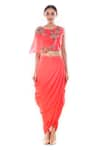 Buy_Smriti by Anju Agarwal_Peach Crop Top Organza And Silk Embroidered Thread Round Saaira & Skirt Set _at_Aza_Fashions