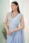 Shop_Tamaraa By Tahani_Blue Hand Embroidery Sequins V Neck Orla Pre-draped Saree With Blouse Set_at_Aza_Fashions