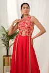 Buy_Tamaraa By Tahani_Red Hand Embroidery Floral Round Collar Lyric Yoke Jumpsuit_Online_at_Aza_Fashions