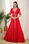 Tamaraa By Tahani_Red Hand Embroidery Sequins V Neck Vermilion Placement Anarkali With Dupatta _Online_at_Aza_Fashions